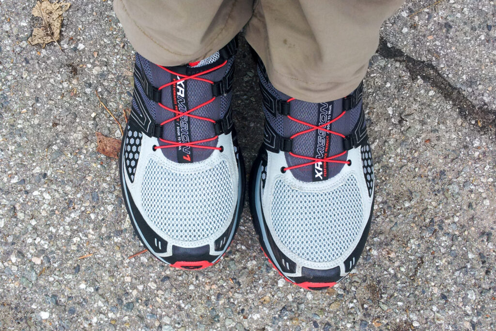 Closeup of a brand new pair of Salomon XR Mission hiking shoes