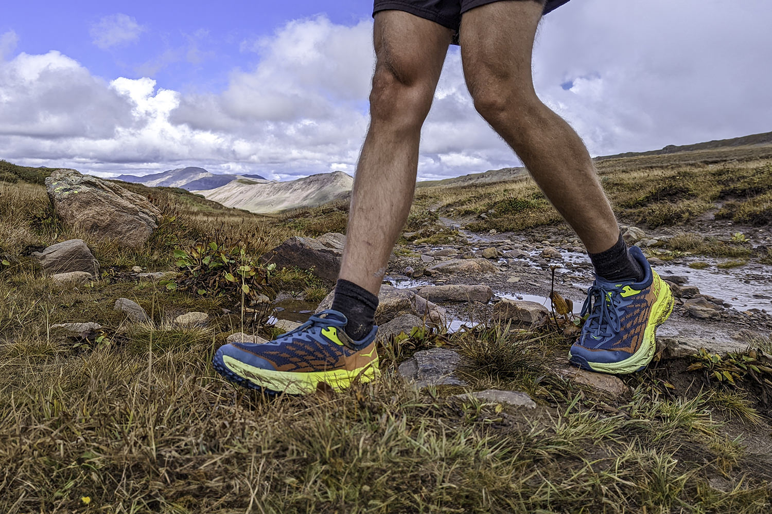 Muscular hiker legs traversing an alpine meadow in the HOKA Speedgoat 5 hiking shoes