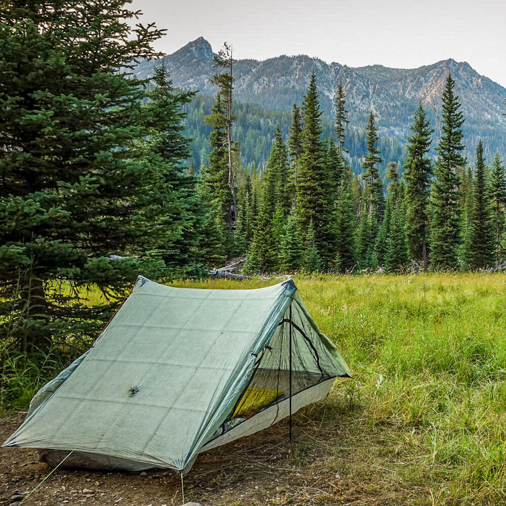 The Zpacks Duplex tent pitched in a meadow-side campsite in the Wallowas