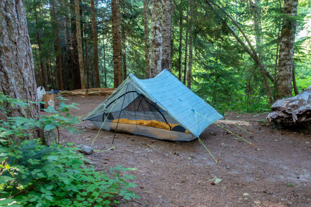 Full view of the Zpacks Duplex tent in a forested campsite