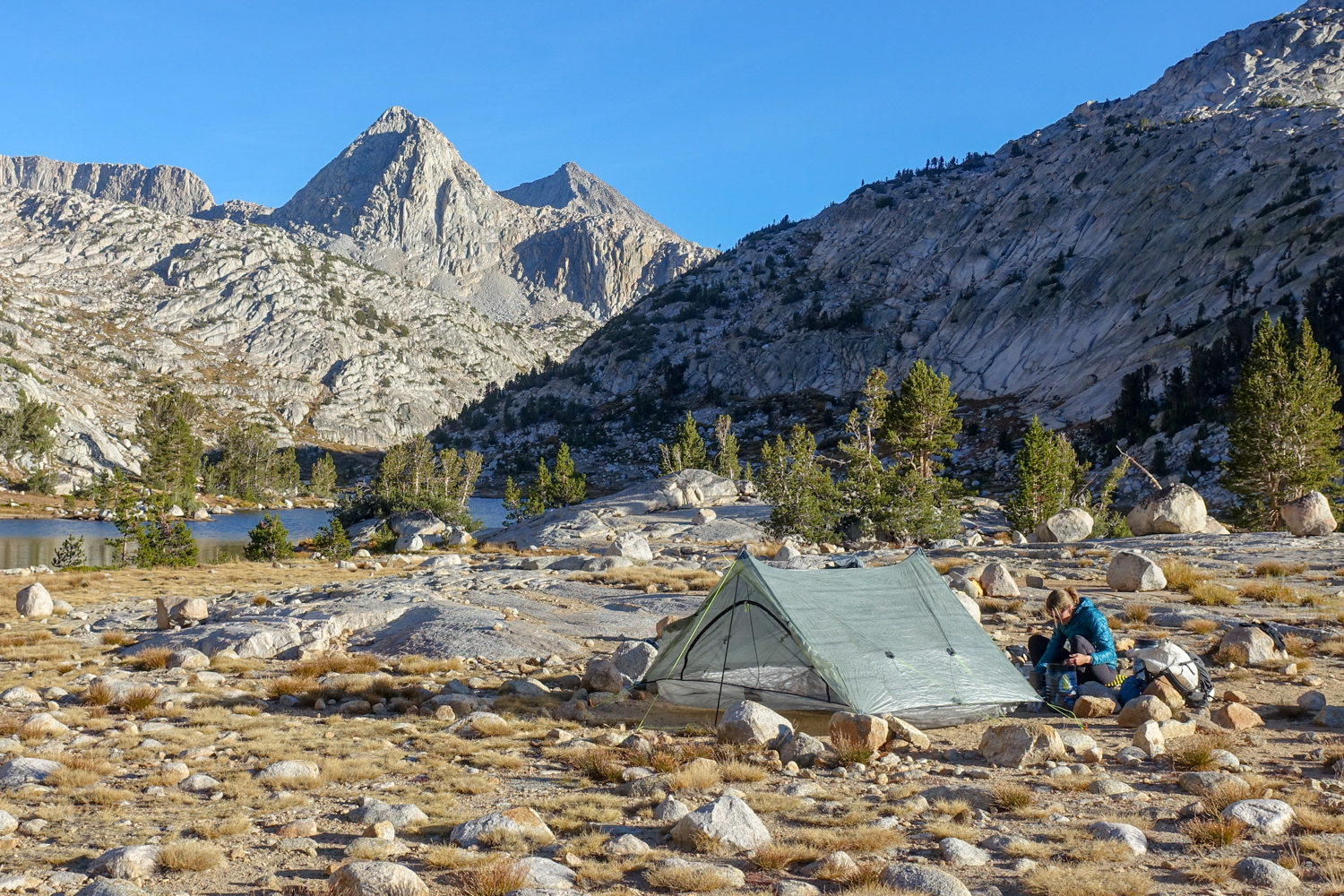 The Zpacks Triplex pitched in a rocky, high-alpine campsite on the John Muir Trail