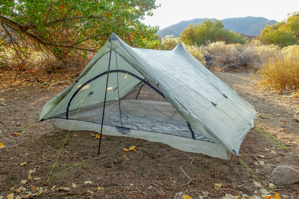 The Zpacks Duplex tent pitched in a beautiful sage-filled campsite