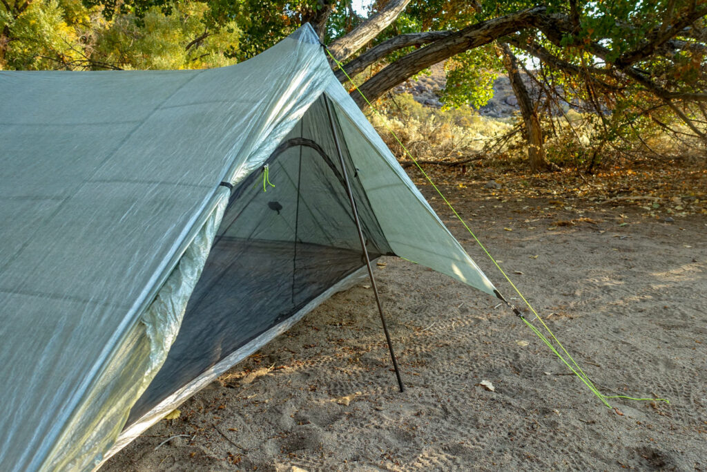 Side view of the Zpacks Duplex to show inside of vestibule and tent pole that's not included
