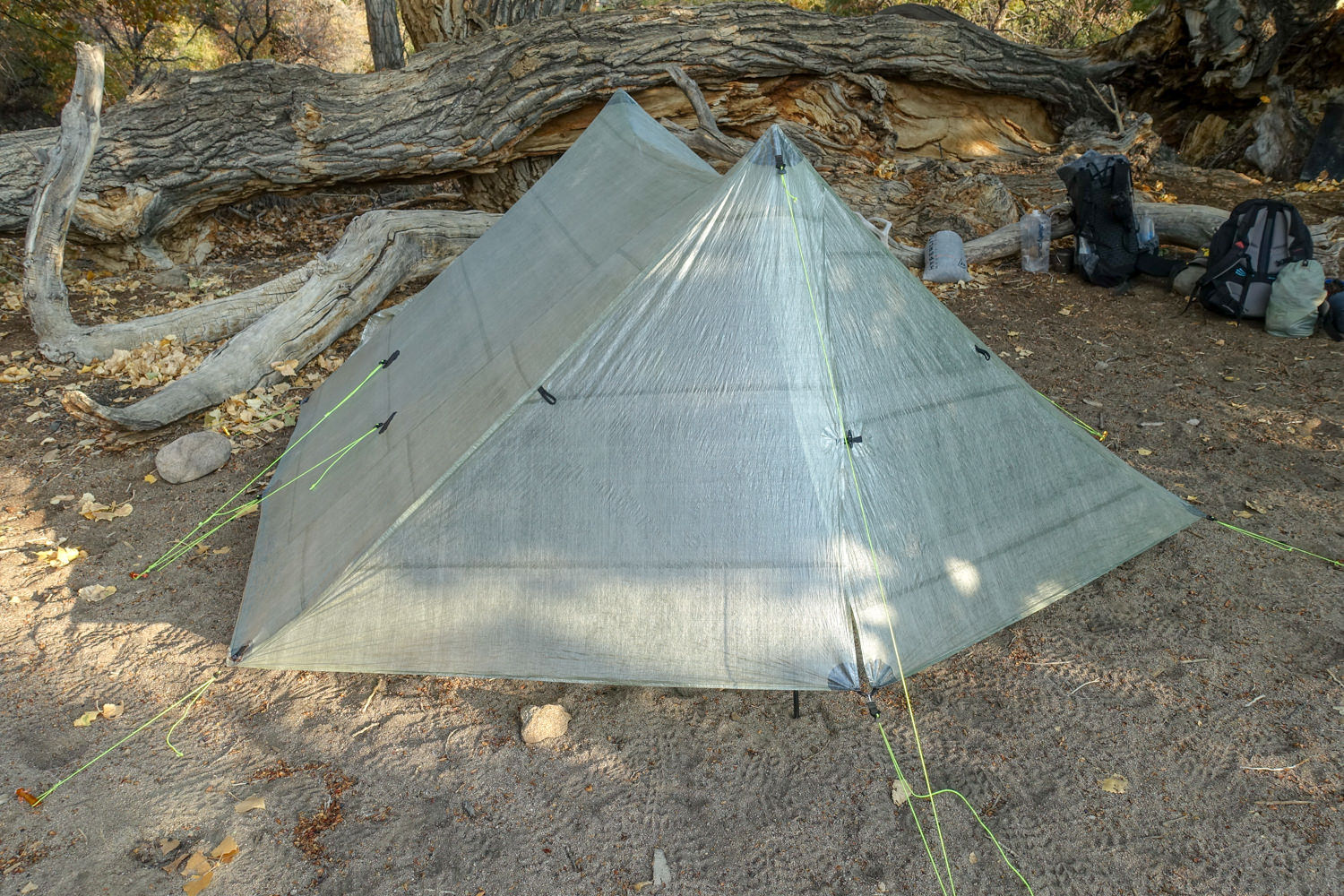 A semi-transluscent tent is setup in a sandy campsite near a log with backpacks int eh background and all guy lines set up. The fly is closed.