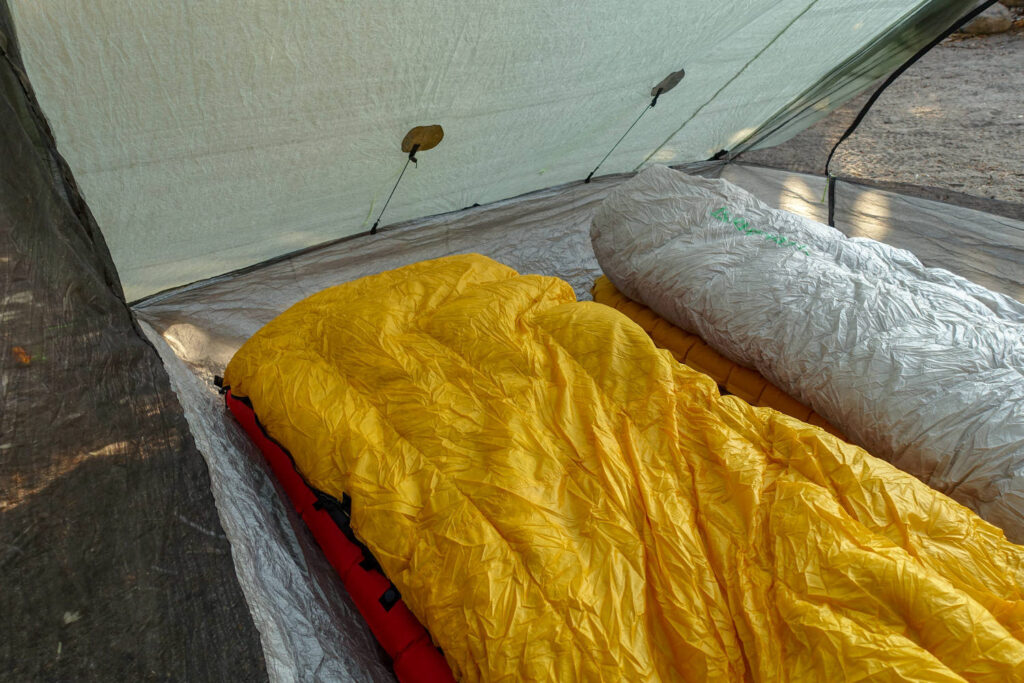 Two sleeping bags side by side in the Zpacks Duplex tent