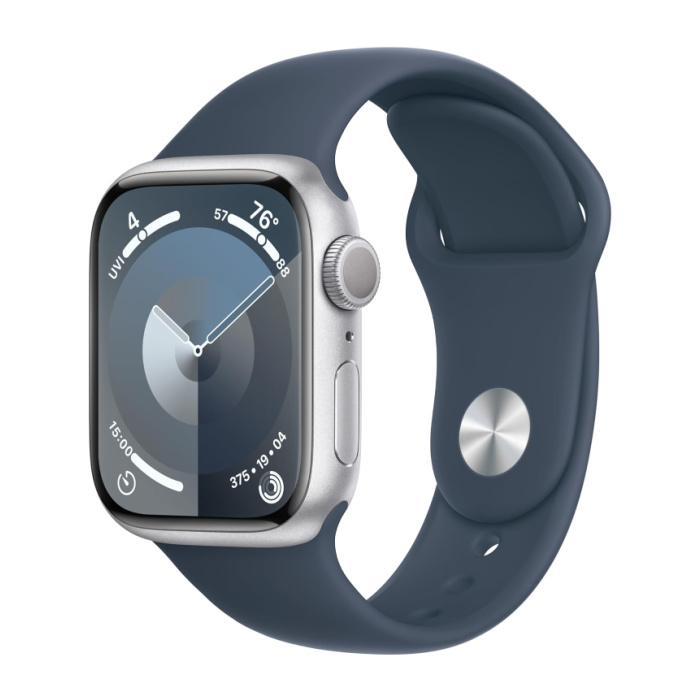 Stock image of blue Apple Watch Series 9 on a white background