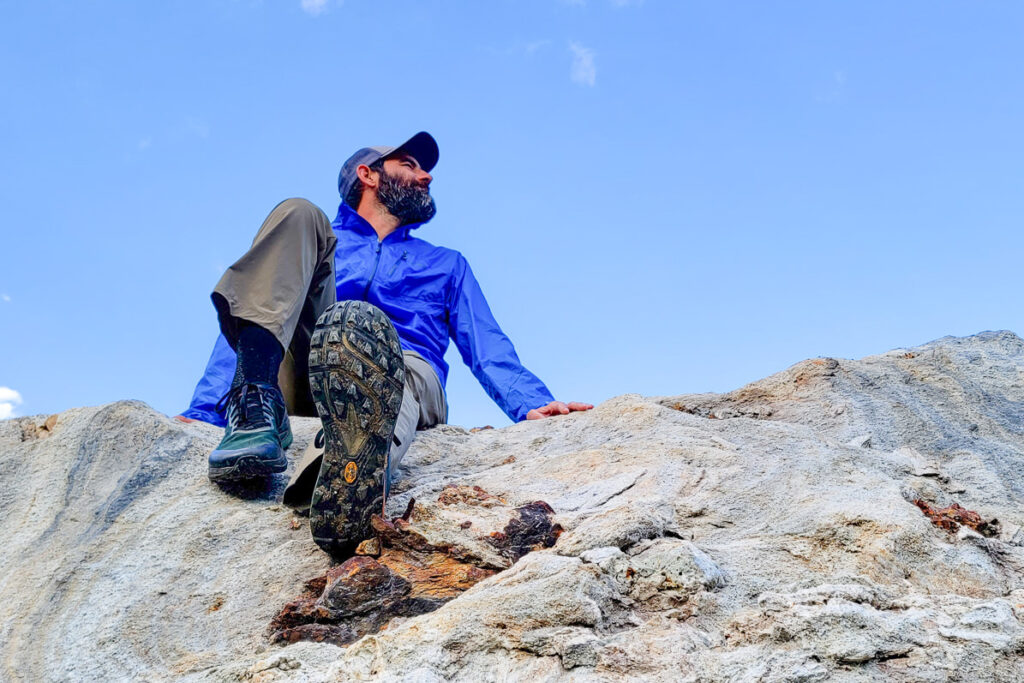 Looking up at a hiking shoe sole