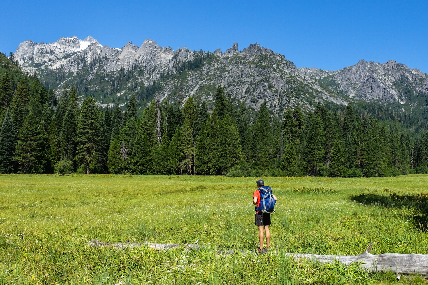 backpacker in a meadow in the trinity alps