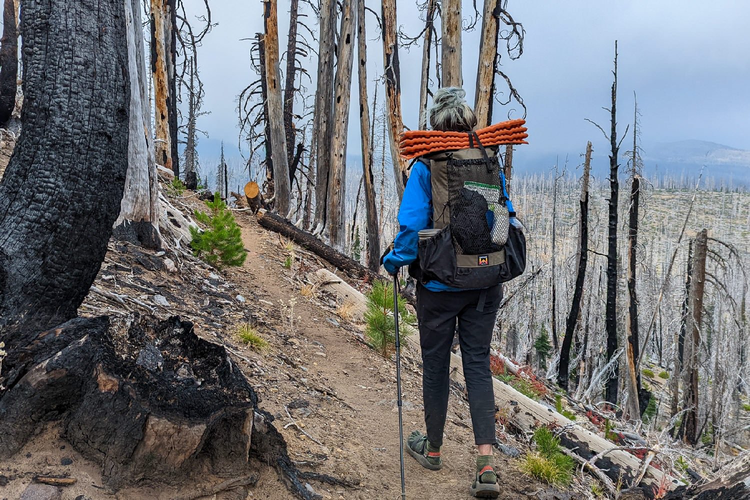 backpacker on the three sisters backpacking loop on a cloudy day hiking through a burn area