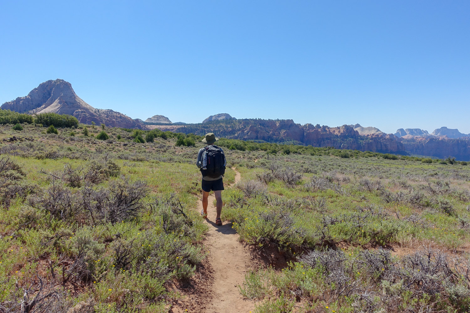 a narrow trail on a flat plateau with rock formations in zion national park in the distance