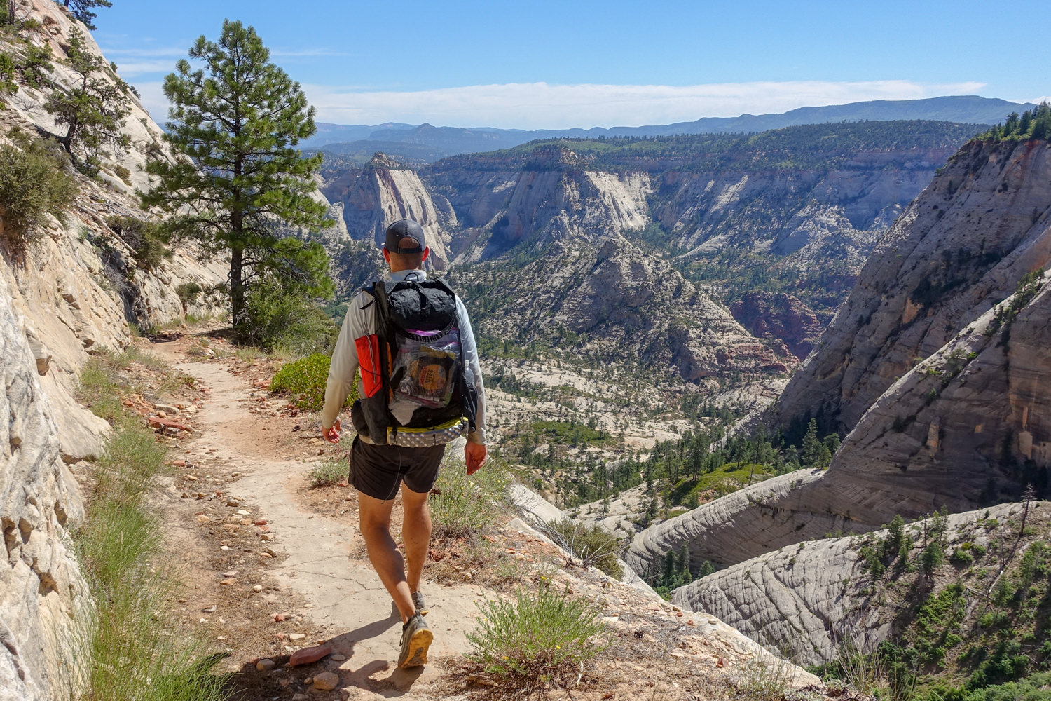 a backpacker on the tran-zion trek walks on a white sandstone trail with a large valley in the distance
