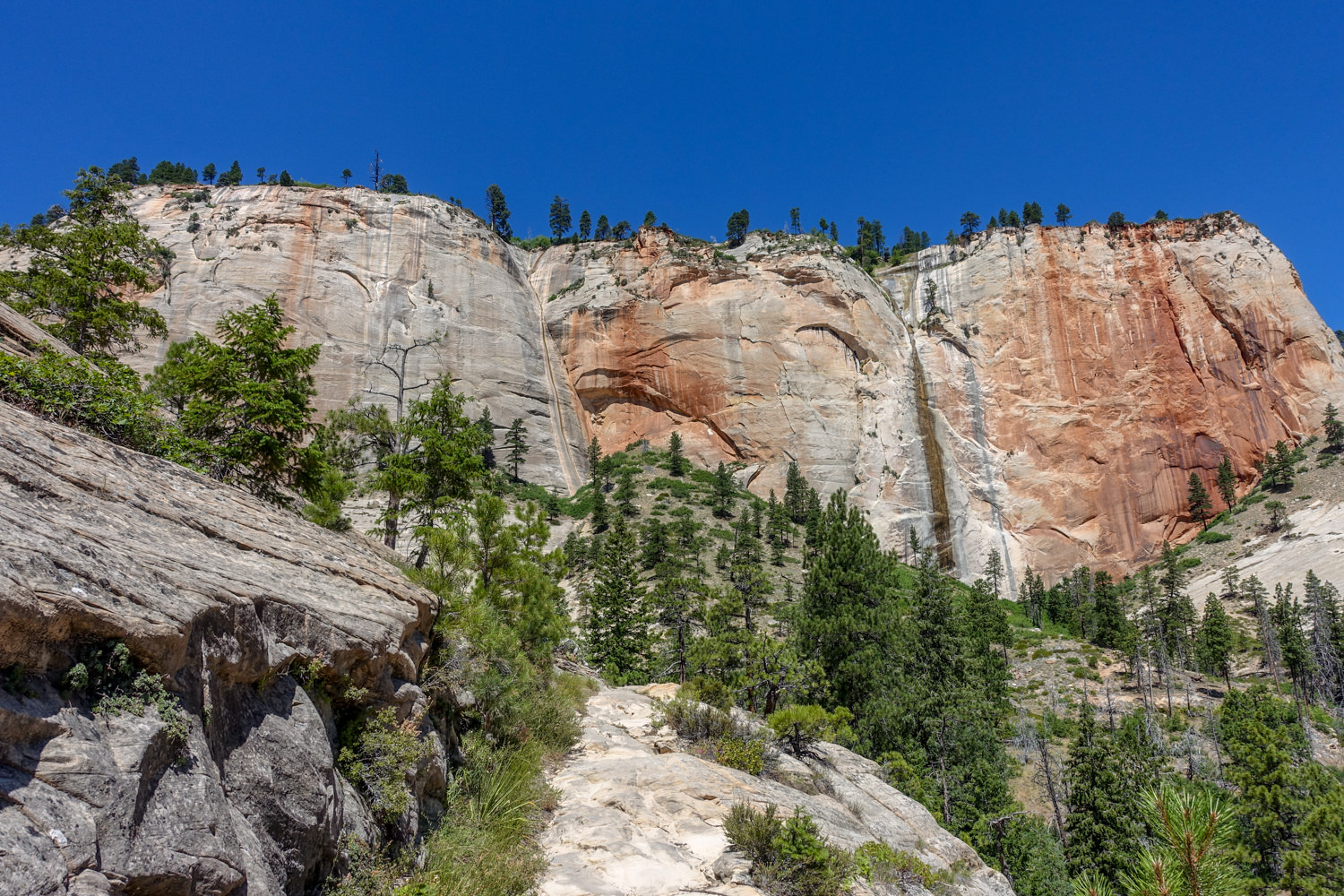 steep walls in white and red with green trees at the base of the rock towers