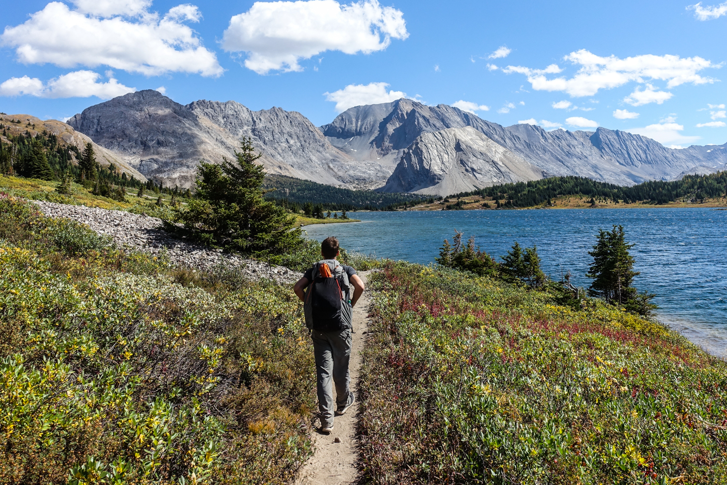 backpacker on the sawback trail in banff national park