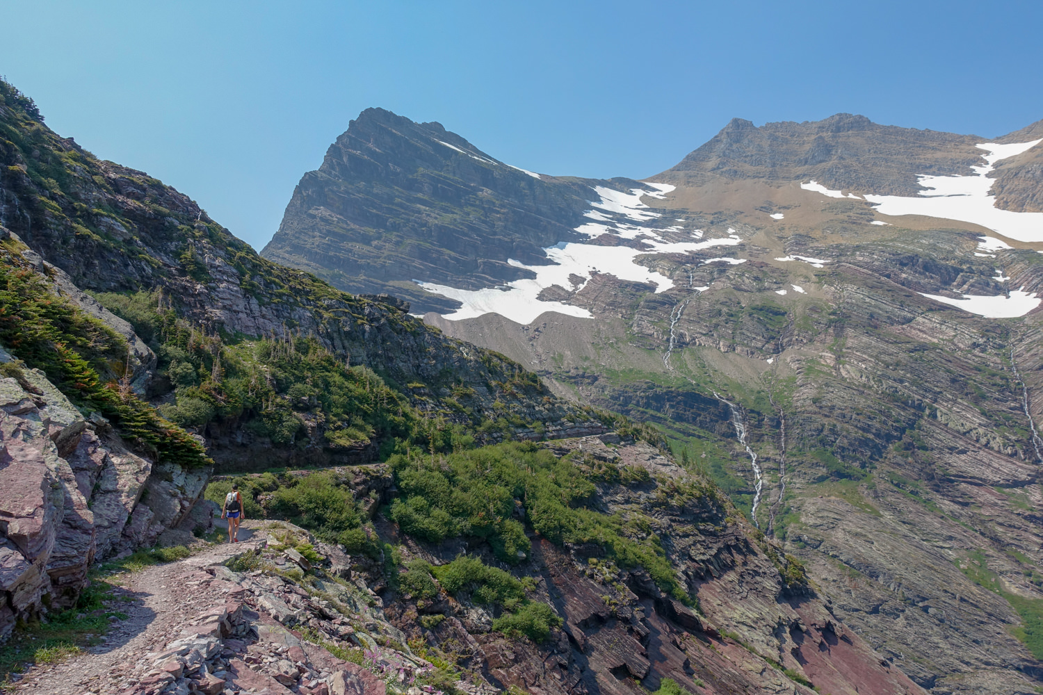 hiker on a high alpine trail in glacier national park with snow patches on the peaks in the distance.