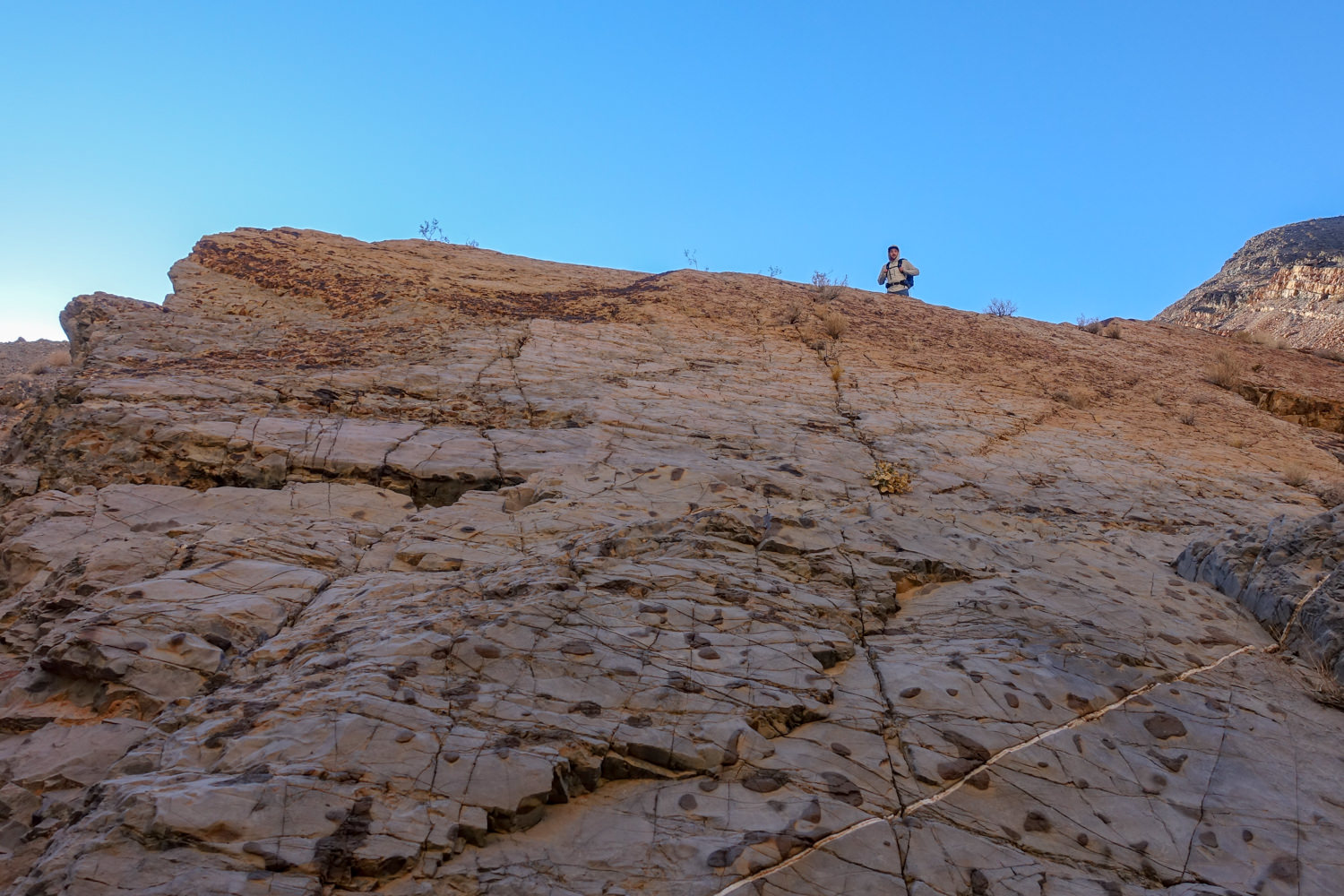 backpacker's head just barely showing on top of a red rock face with blue skies overhead