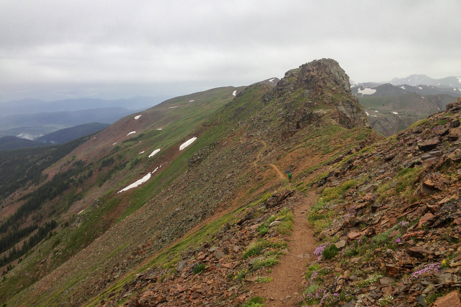 a trail cut in on just below a ridgeline on the CDT