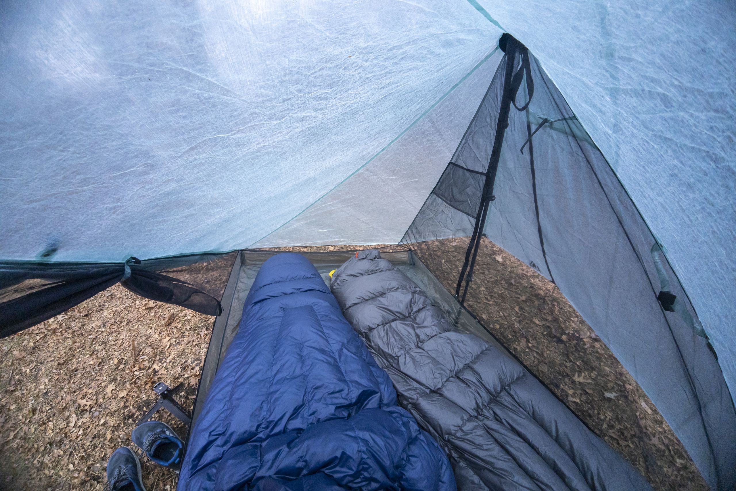 two sleeping bags extend into a two person tent interior