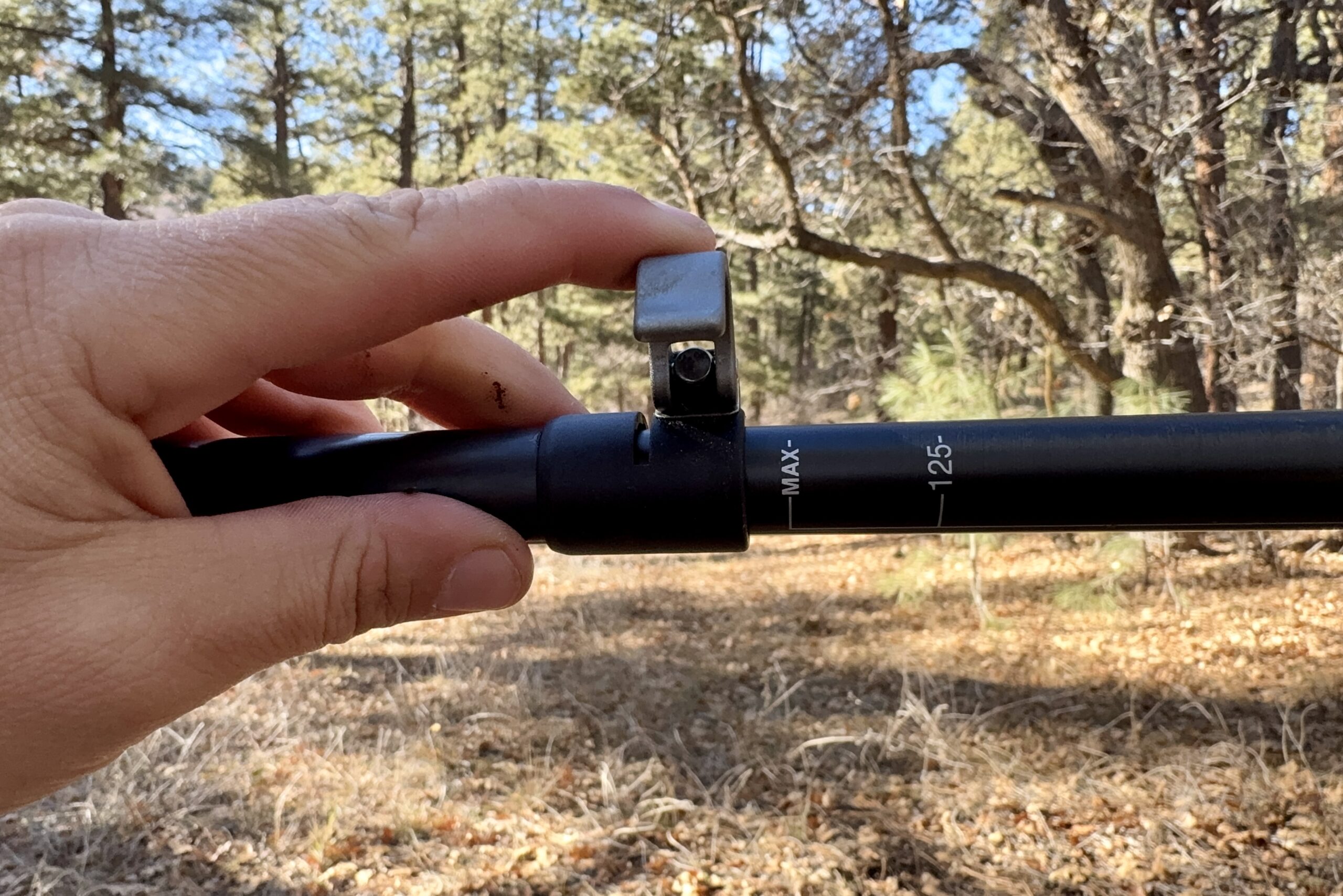 A close up of a hand closing a flick lock with trees in the background.