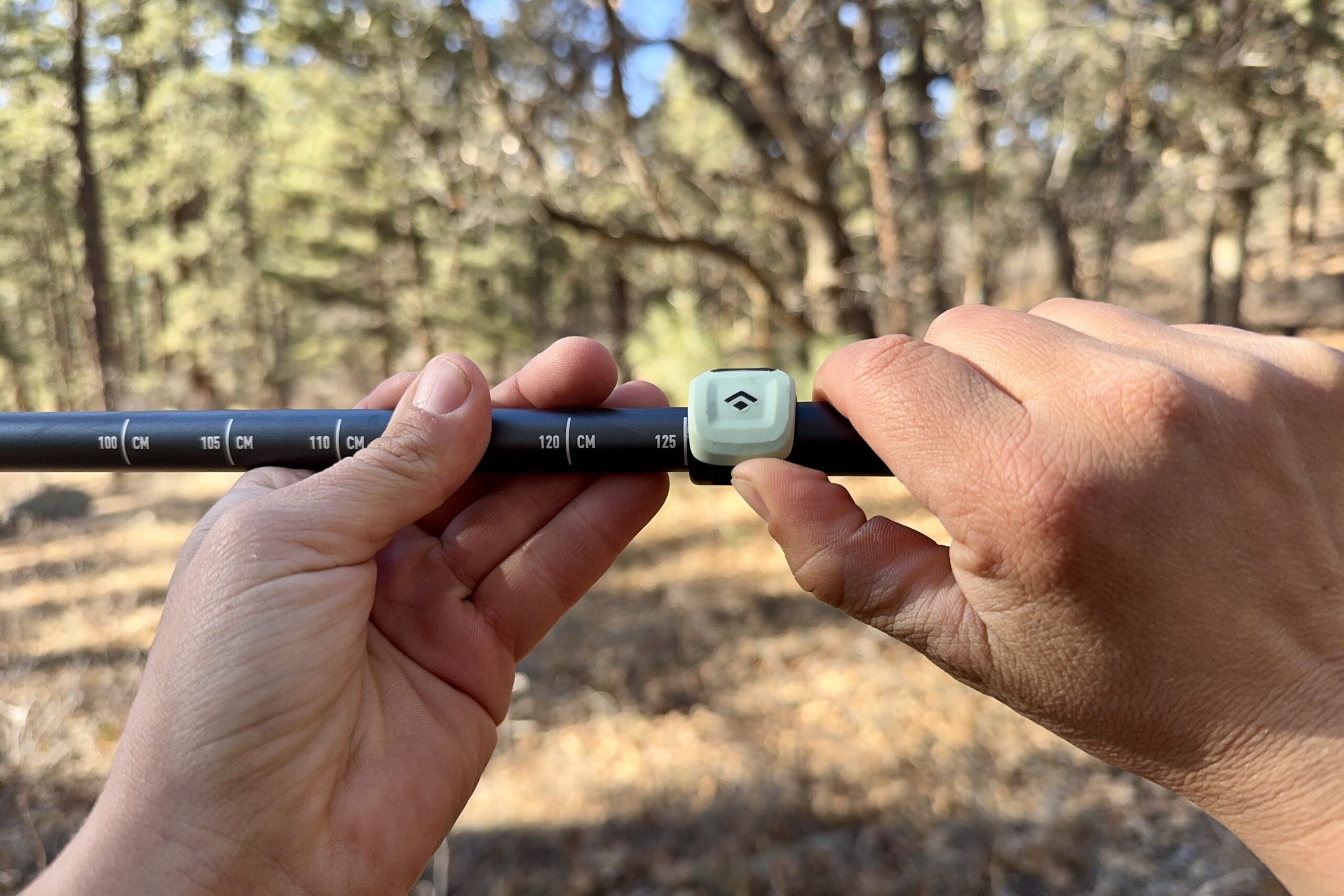 A close up of a hand closing a flick lock with trees in the background.