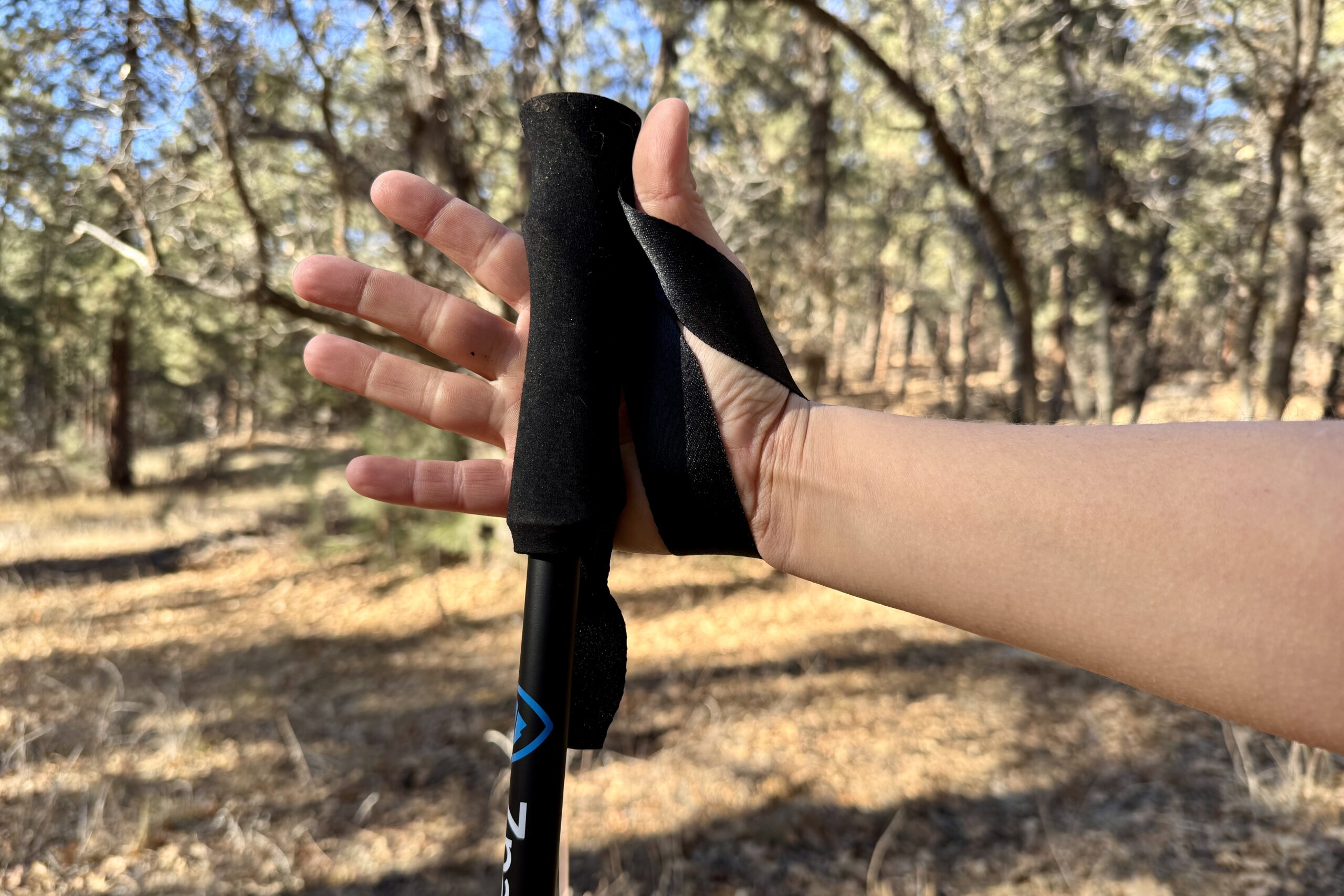 A close up of a hand holding the foam grip of the Zpacks Minimalist with a forest in the background.
