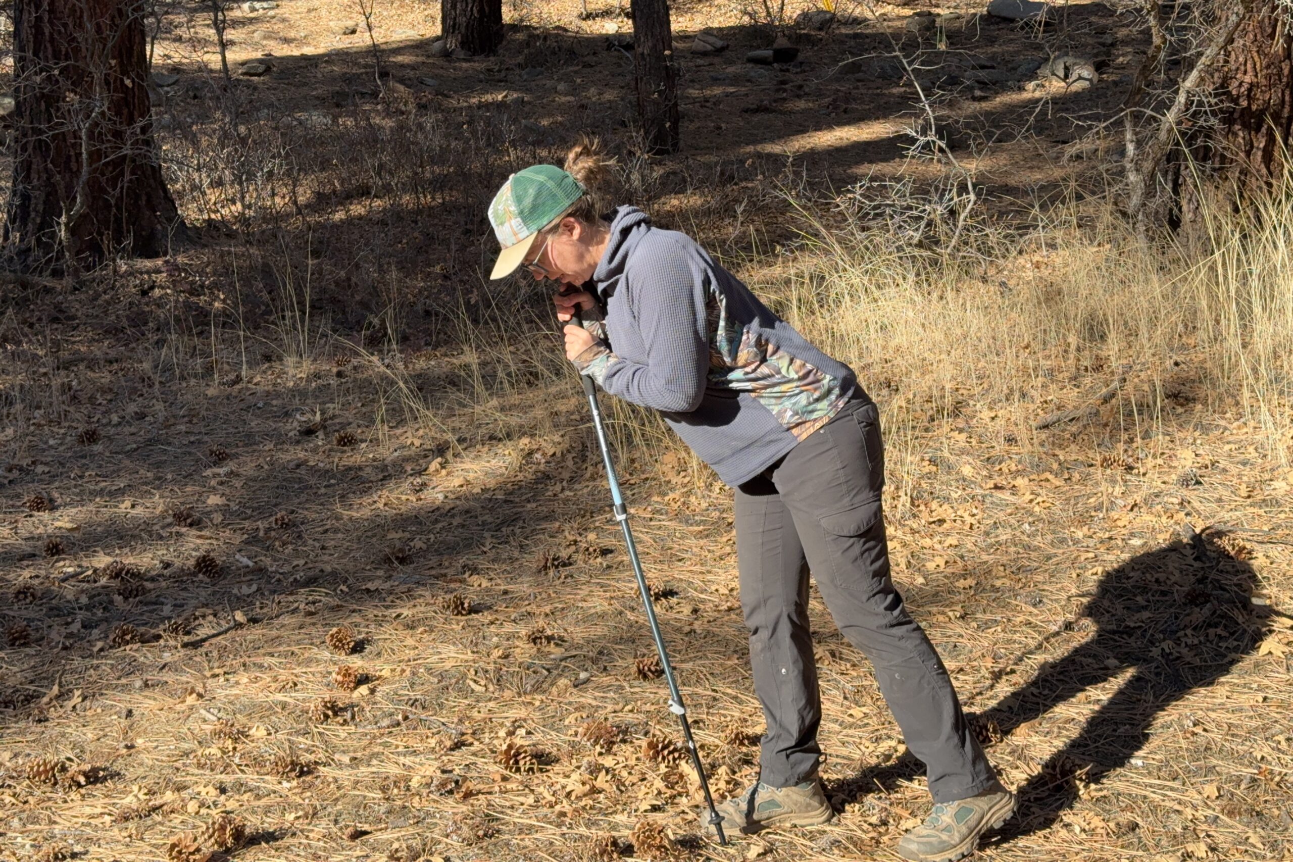 A person is leaning on a trekking pole in the forest.