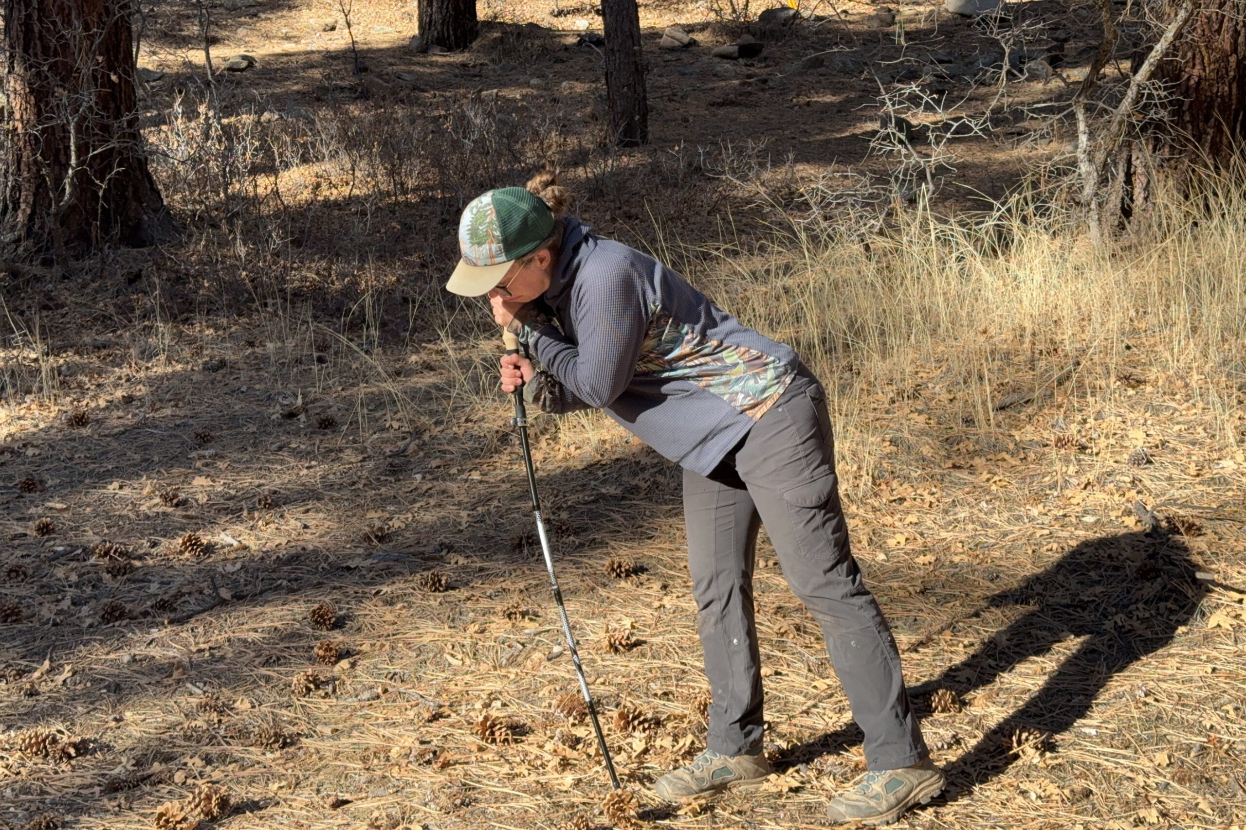 A person is leaning on a trekking poles in the forest.