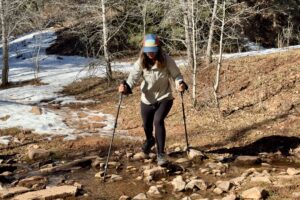 A person is using a pair of trekking poles to help them cross a shallow creek in the woods.