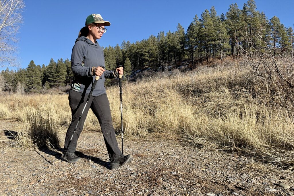 A person is walking on a trail with a pair of trekking poles and a forest in the background.