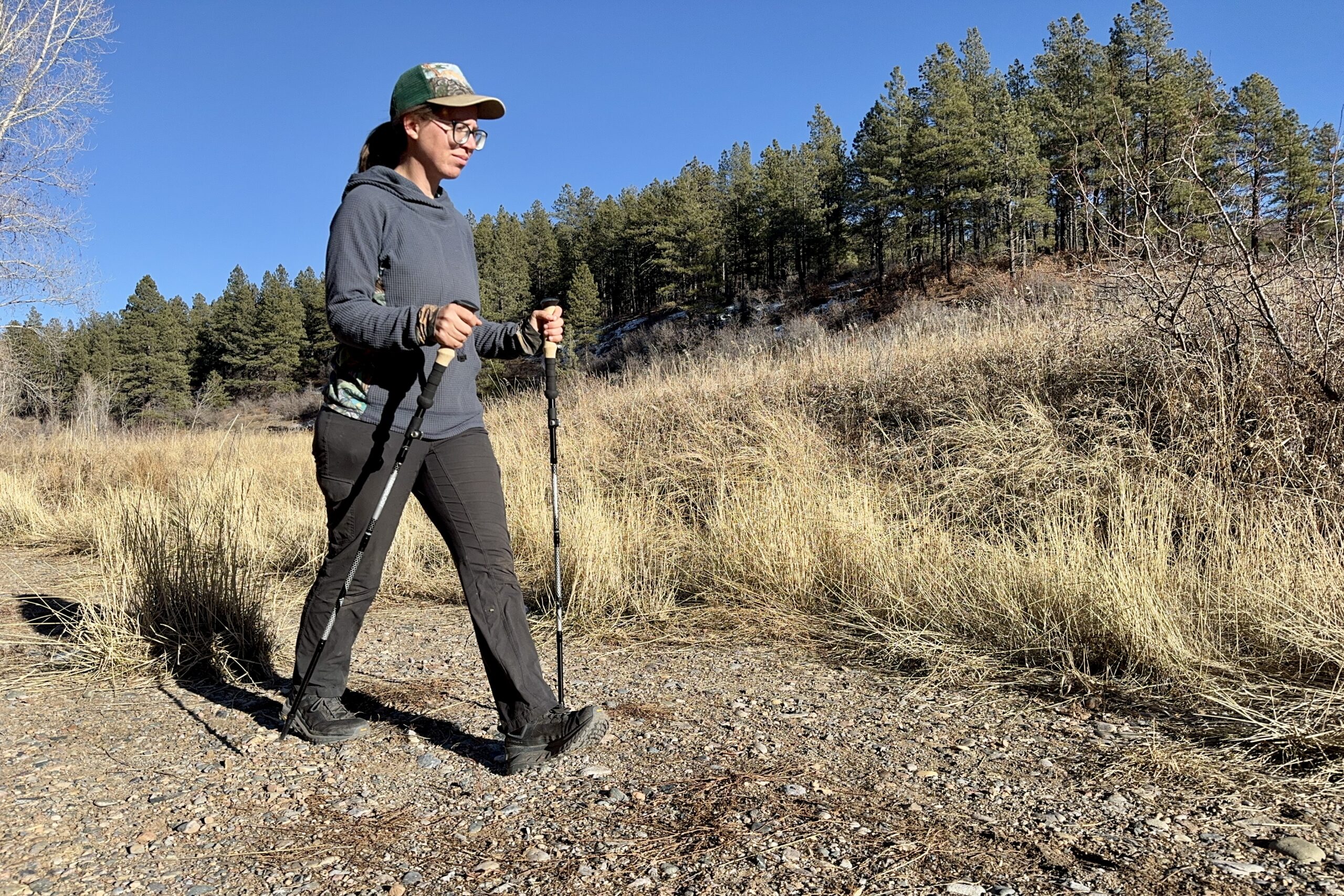 A person is walking on a trail with a pair of trekking poles and a forest in the background.