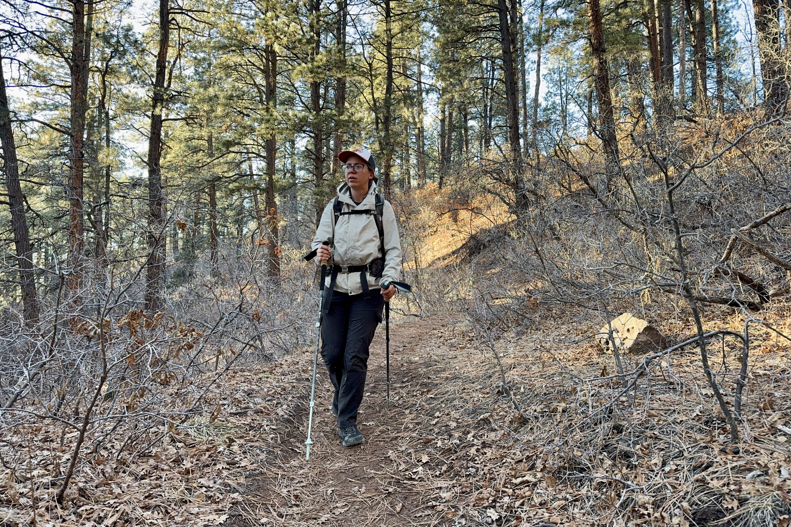 A person wearing a backpack is walking down a trail using trekking poles in a forest.