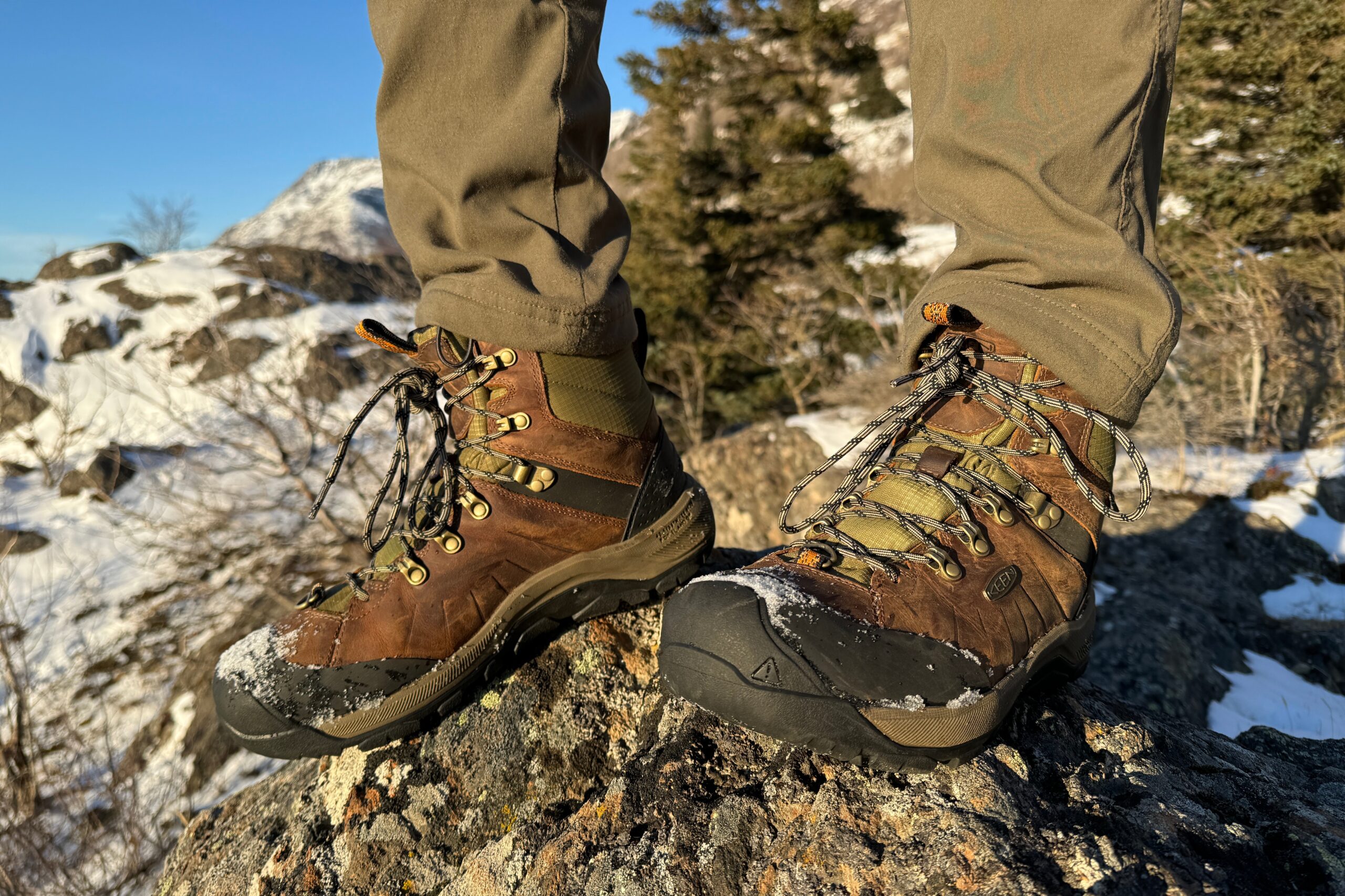 A closeup of the front of winter hiking boots.