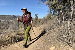 A person wearing a backpack is walking down a trail using some trekking poles. They are in desert like area with pushes and pine trees.