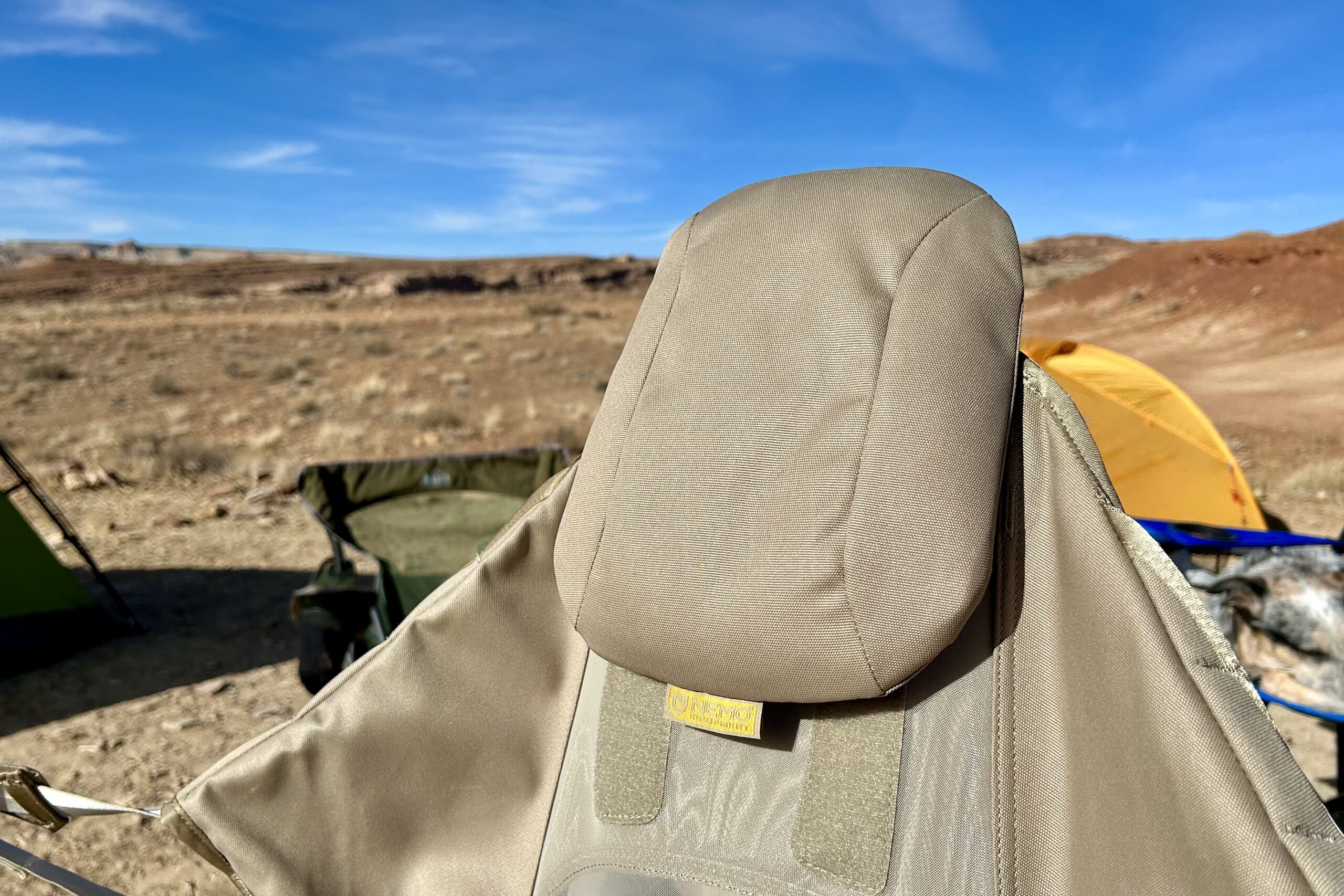 Close up of a camping chair headrest.