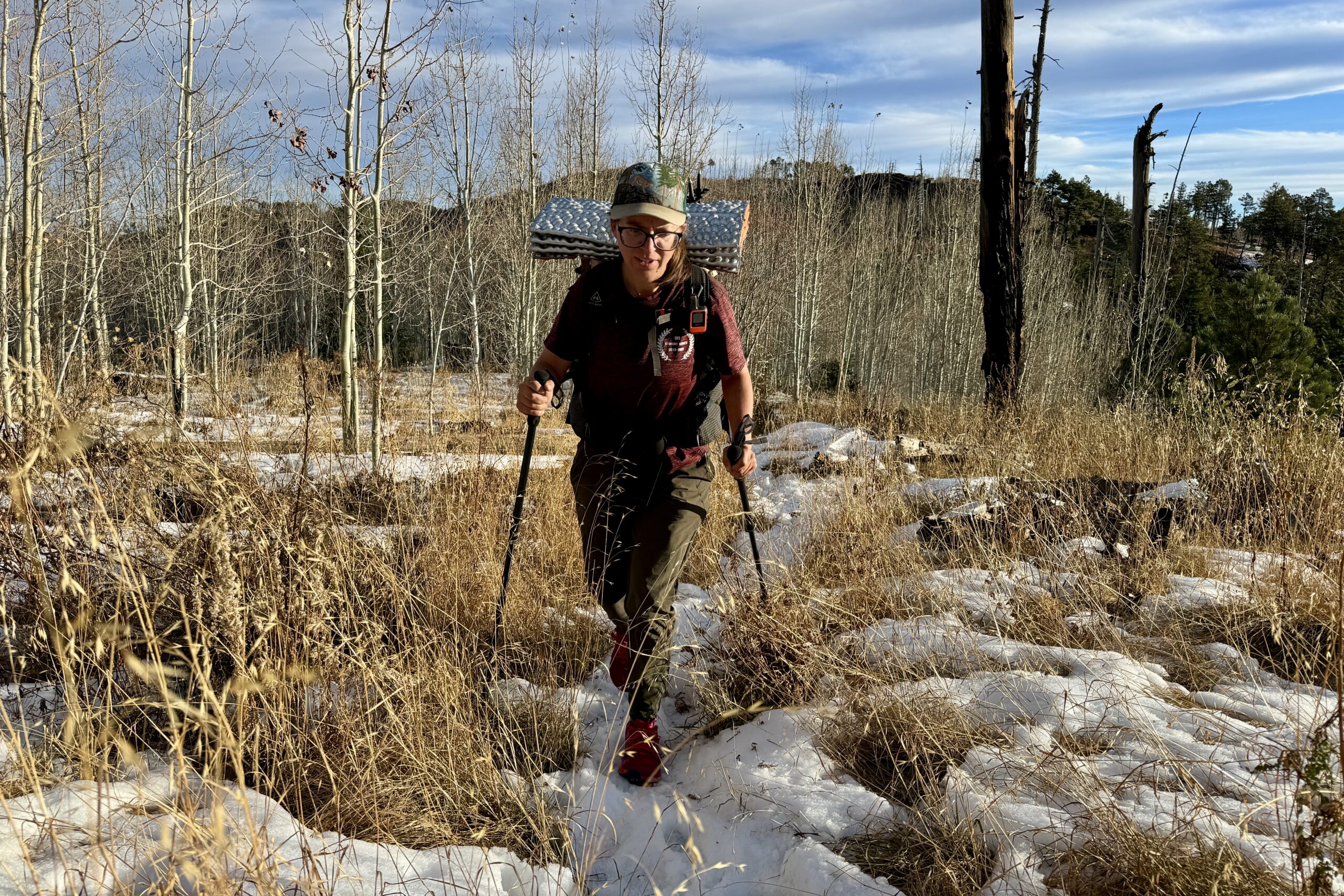 A person wearing a backpack is using a pair of trekking poles to walk through snow and grass with trees in the background.