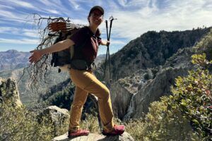 A person wearing a pack is standing on a rock holding their arms out and holding trekking poles in one hand. There is a rock outcrop and valley in the background.