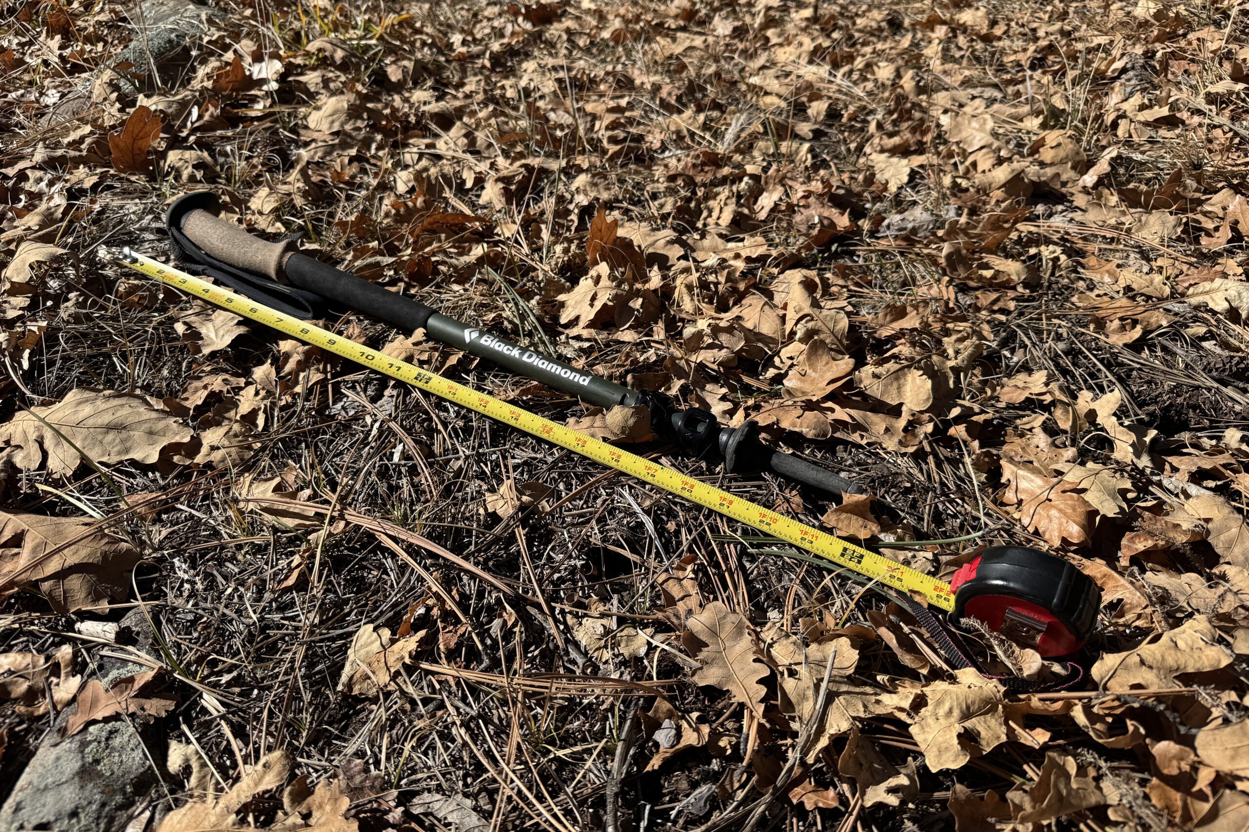A Black Diamond Alpine Carbon Cork pole is laying on the ground in some leaves with a measuring tape next to it.