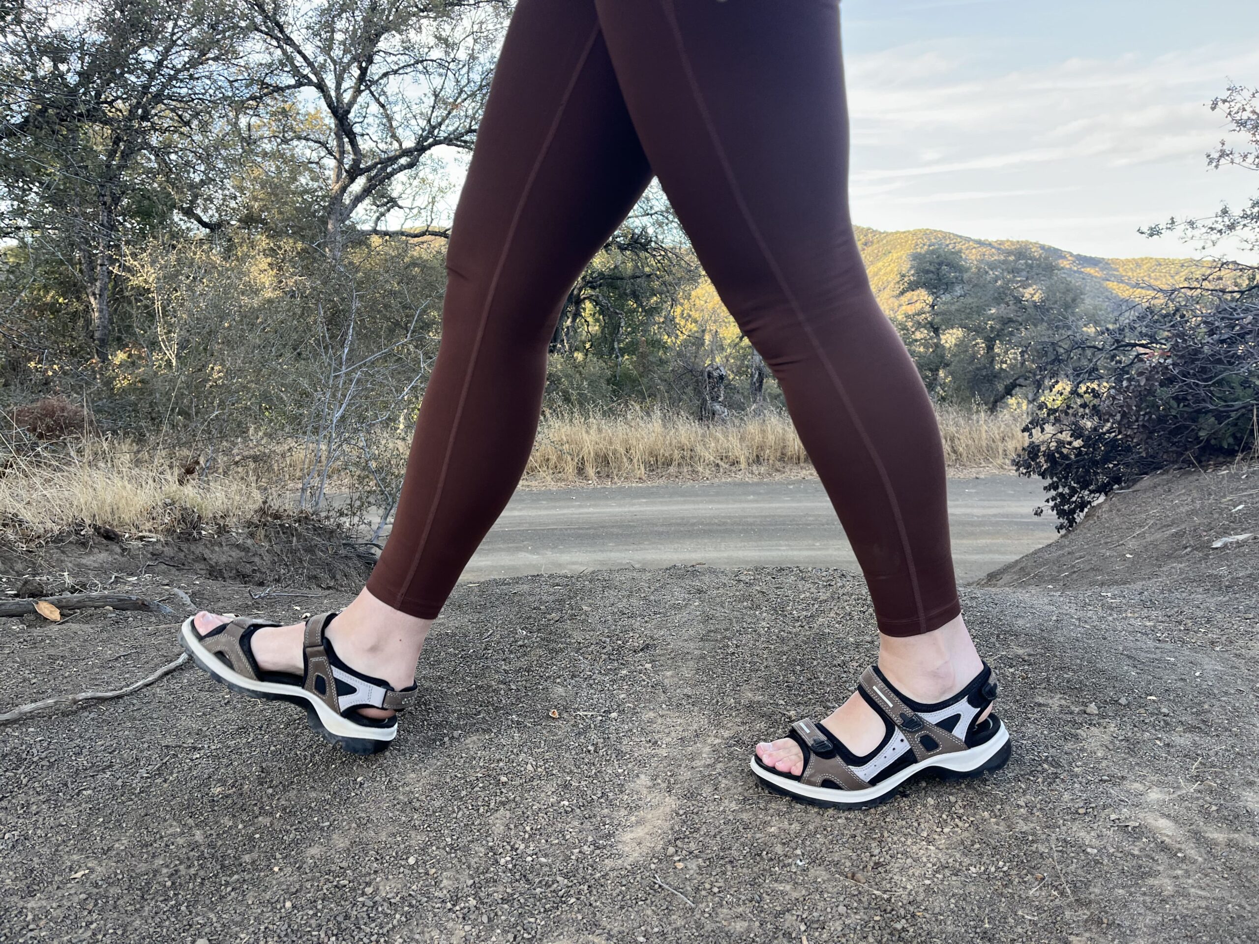 Our tester wearing the Ecco Yucatan sandals on a forest road walk.