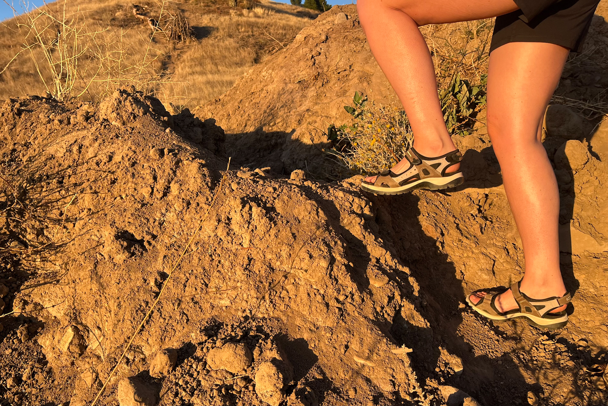 Our tester wearing the Ecco Yucatan sandals on a hike.
