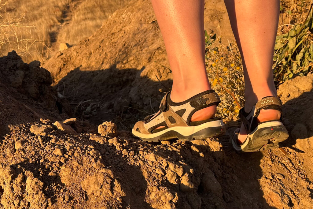 Our tester wearing the Ecco Yucatan sandals on a hike.