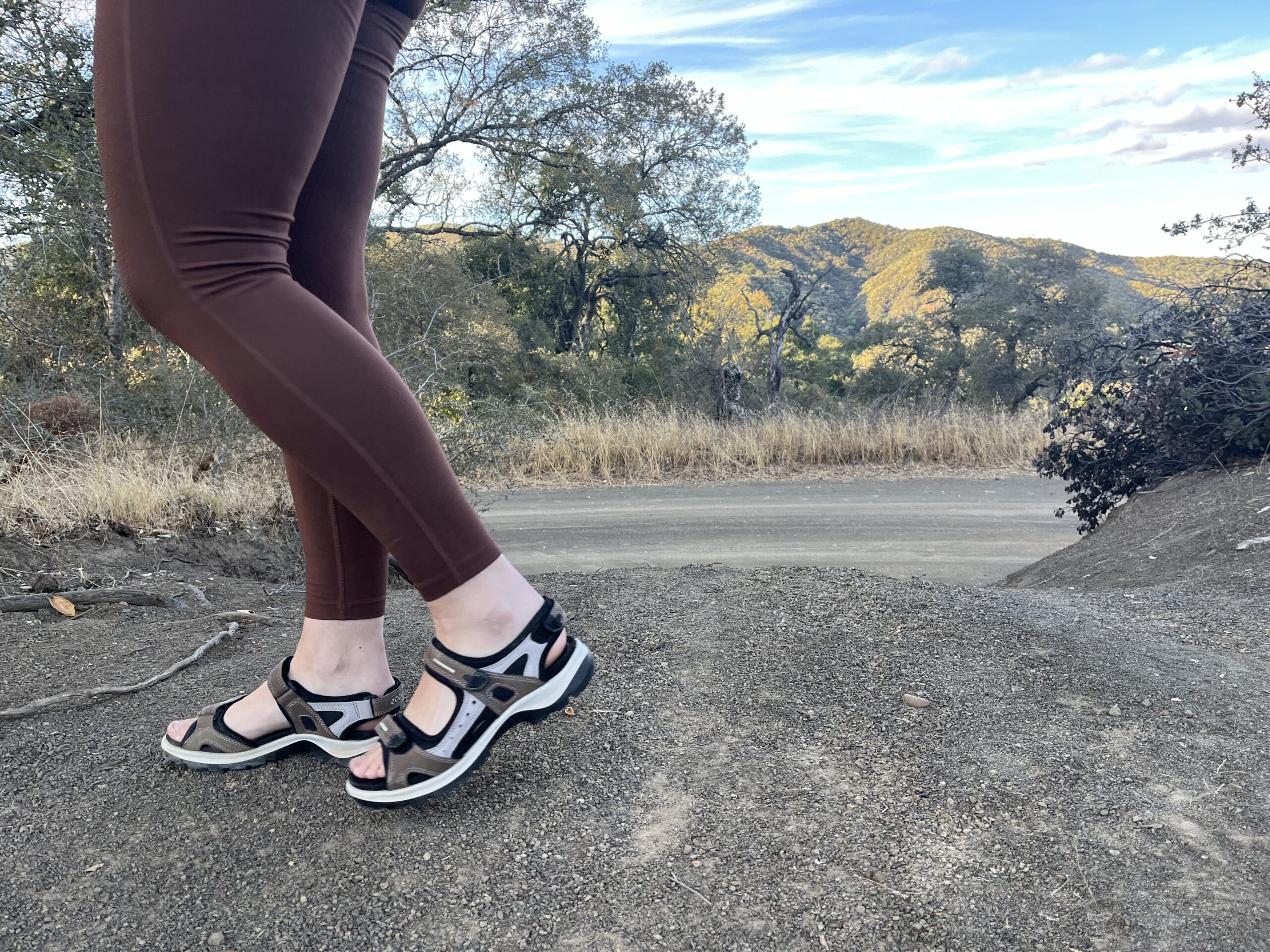 Our tester wearing the Ecco Yucatan sandals on a forest road walk.
