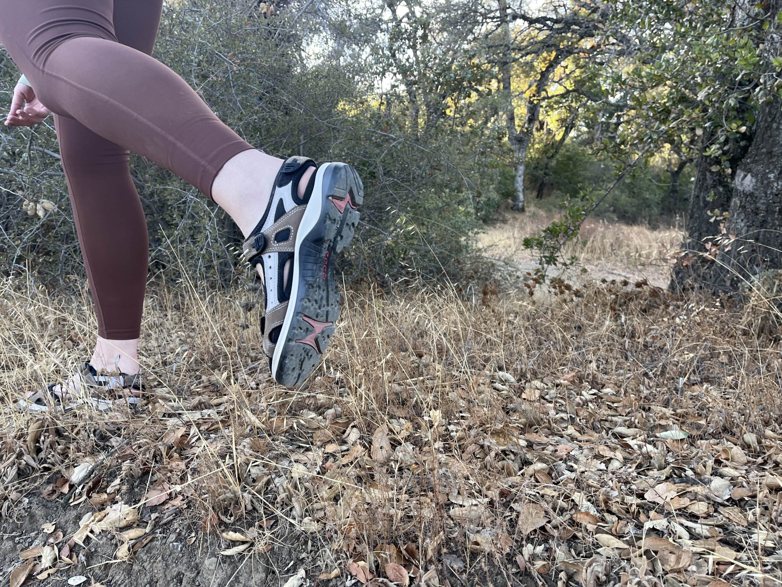Our tester wearing the Ecco Yucatan sandals on a hike.