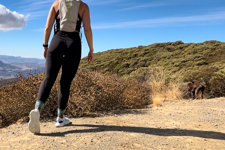 Our tester wearing the HOKA Hopara 2 sandals on a hike.