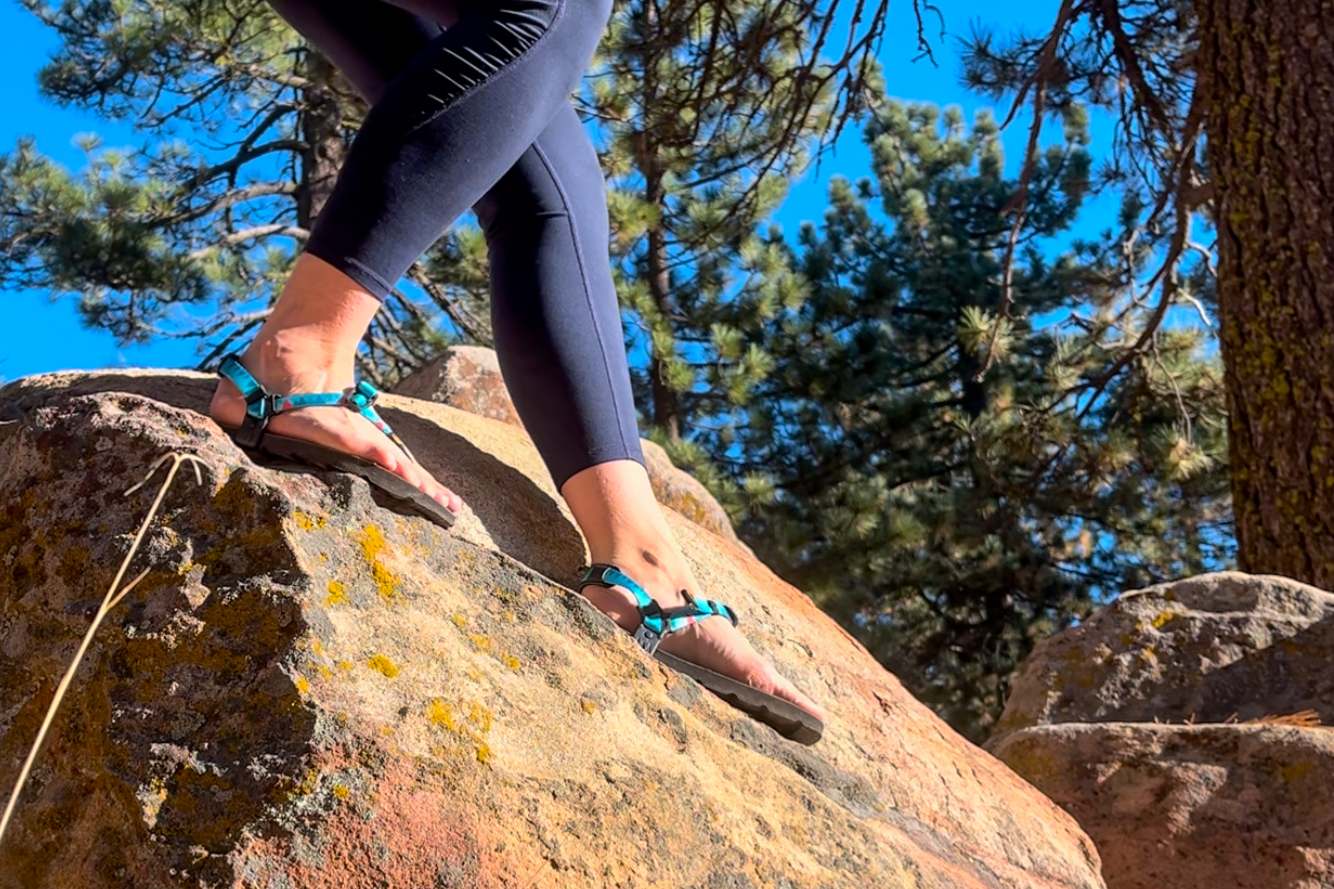 Our tester on a hike wearing the Luna Mono Winged edition sandals.