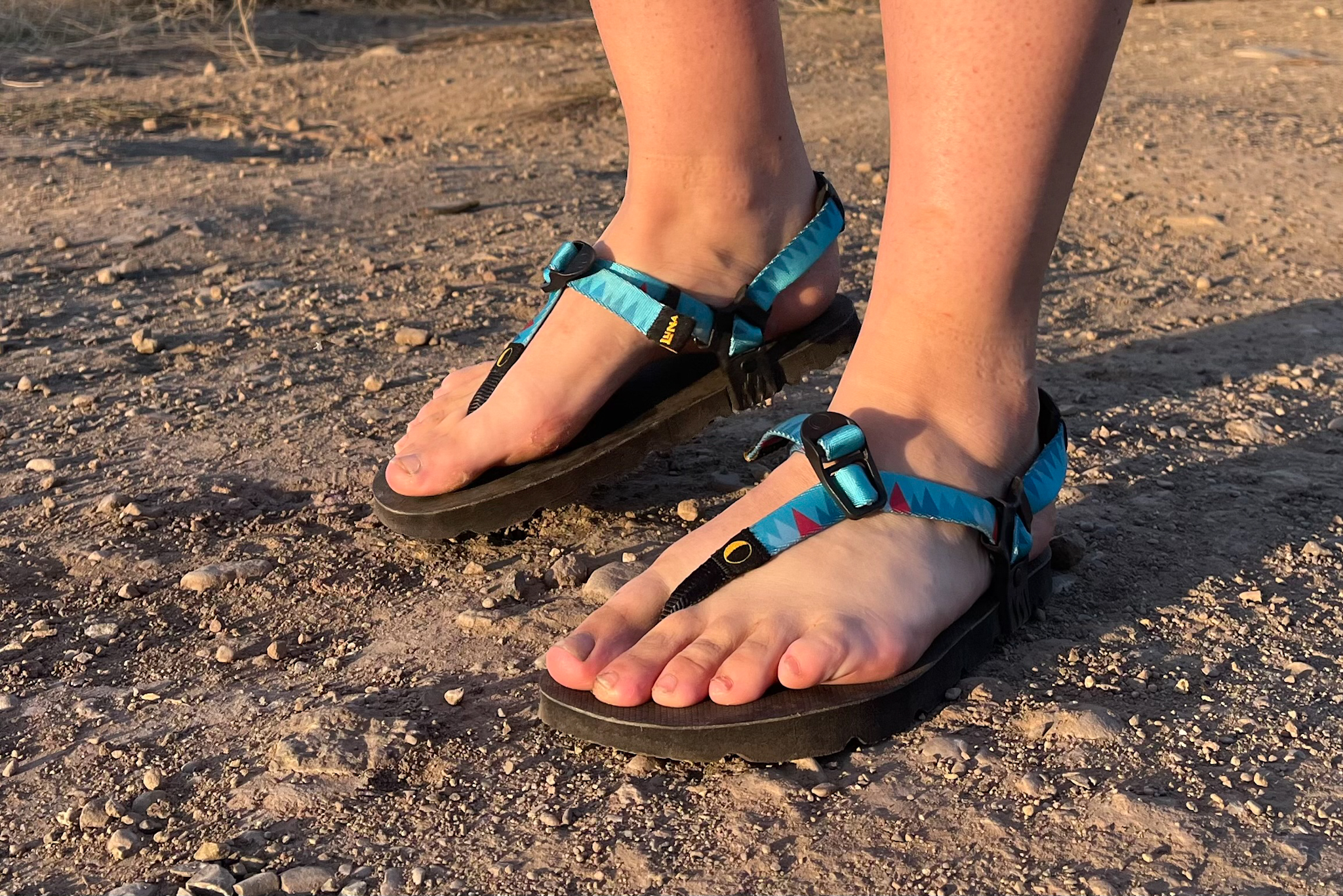 Our tester on a hike wearing the Luna Mono Winged edition sandals.