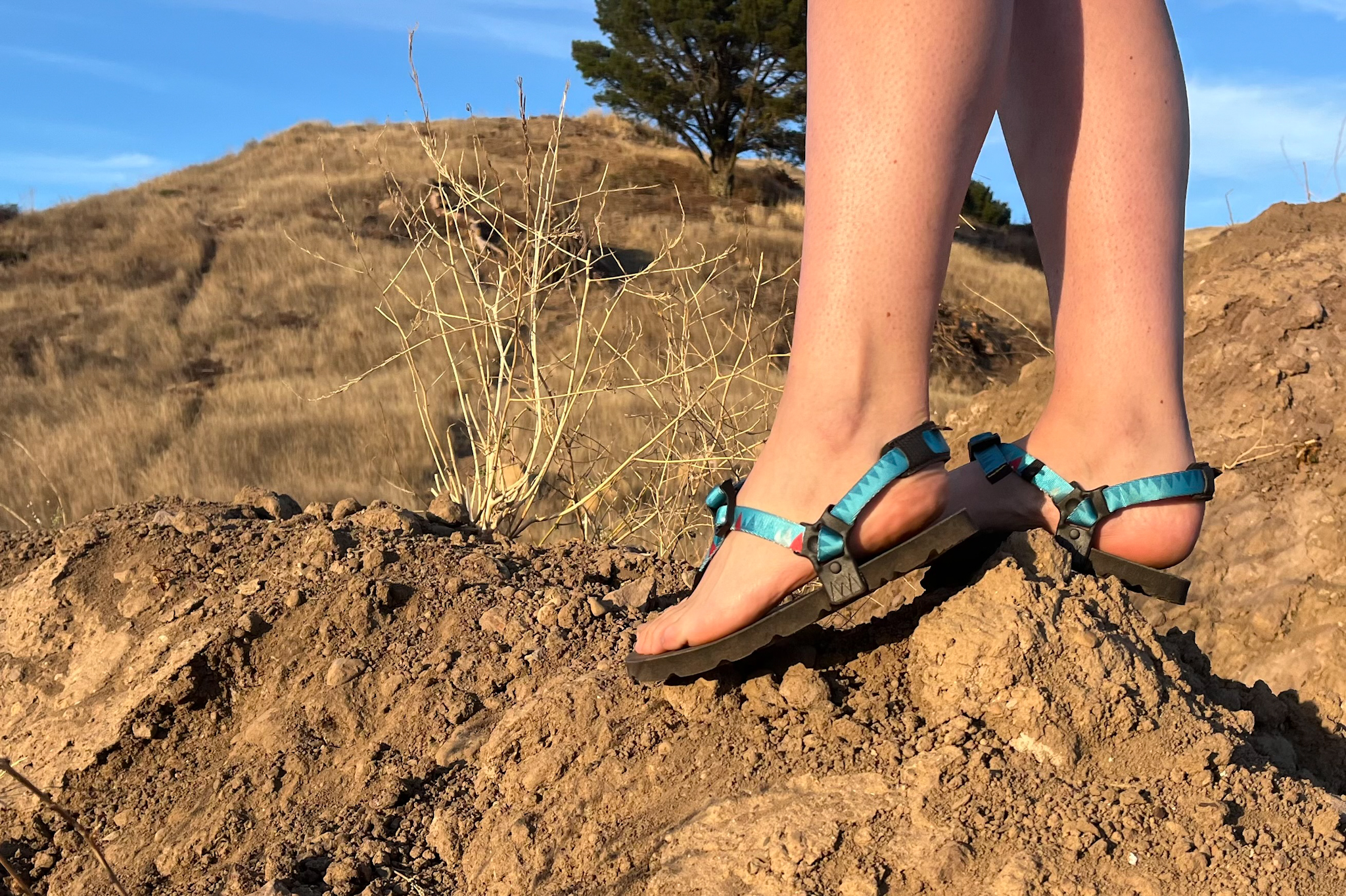 Our tester on a hike wearing the Luna Mono Winged edition sandals.