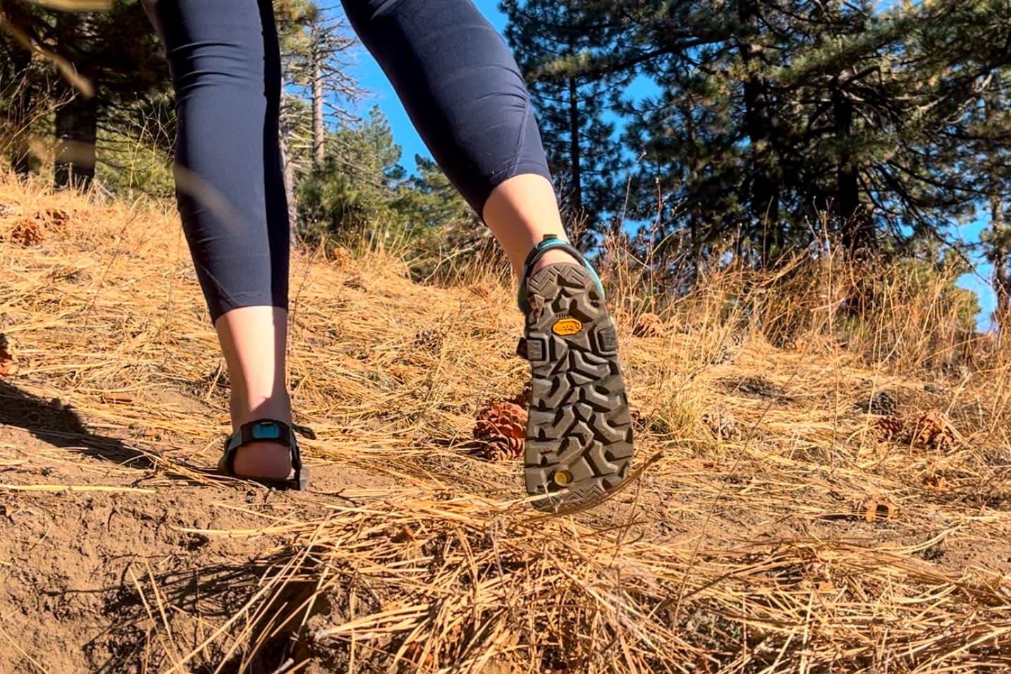 Our tester on a hike wearing the Luna Mono Winged edition sandals.