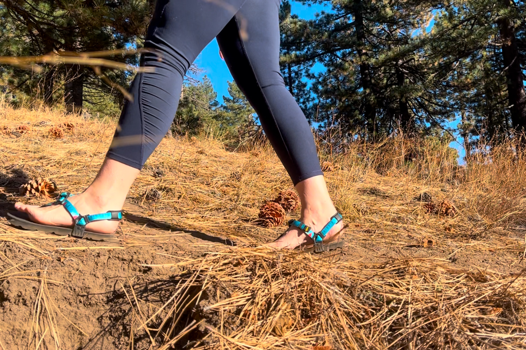 Our tester on a hike wearing the Luna Mono Winged edition sandals.