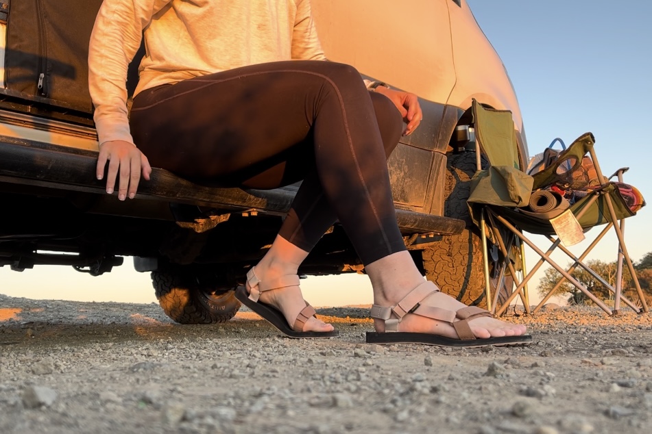 Our tester getting ready for a hike in the Teva Original Universals.