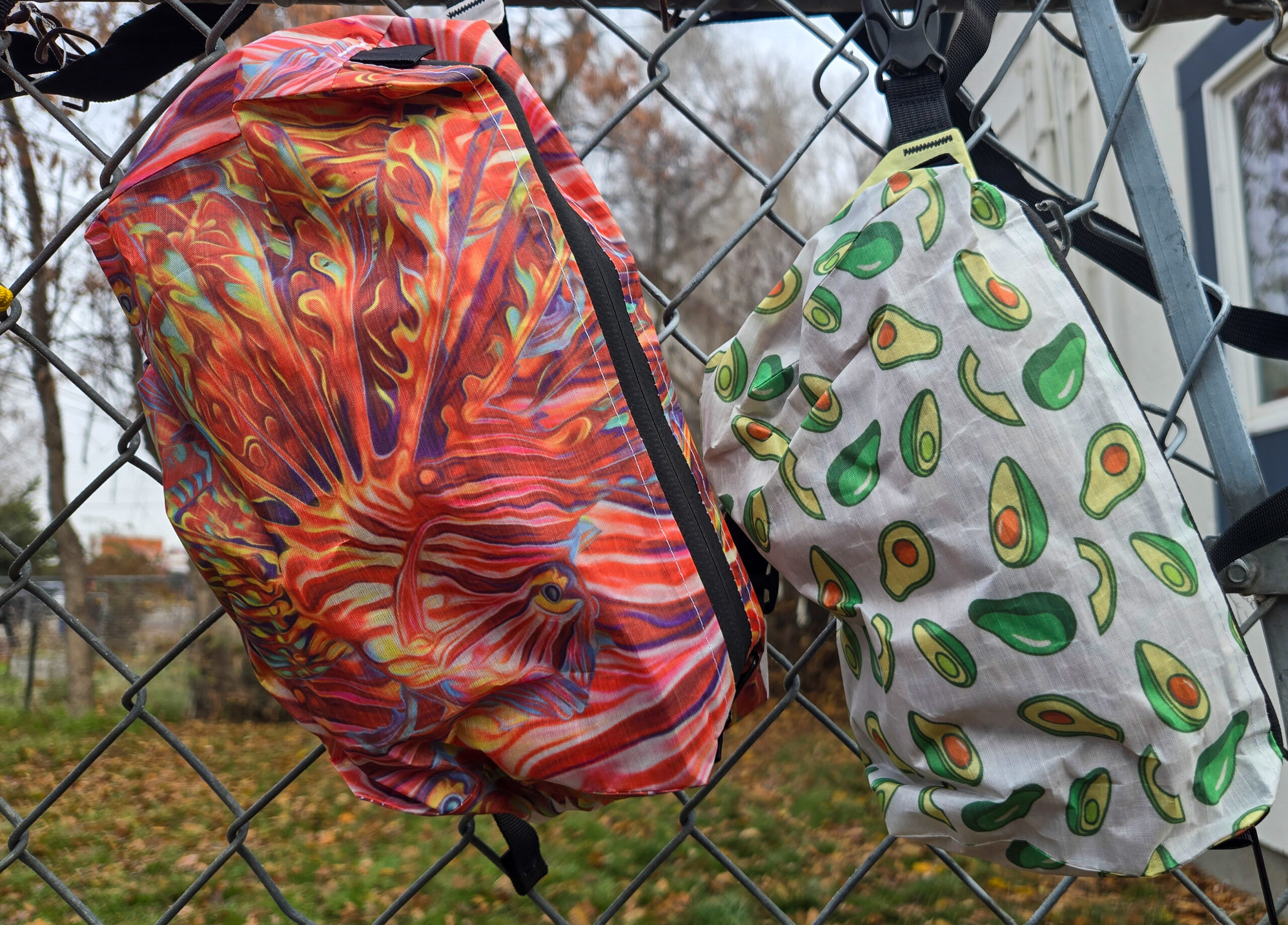 two high tail designs fanny packs with unique patterns made by small artists