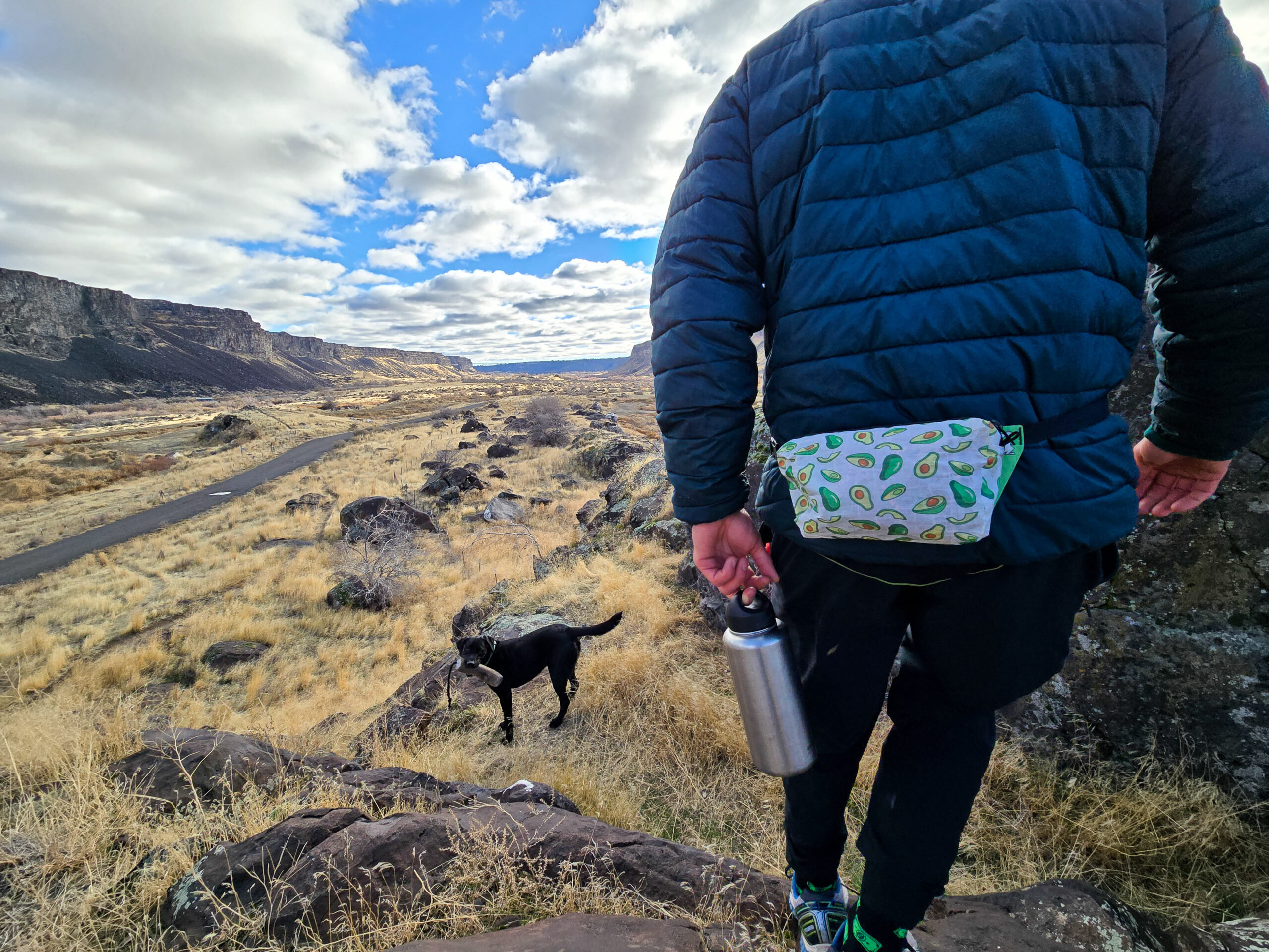 the view of a man walking in a cayon desert with his dog wearing an ultralight fanny pack